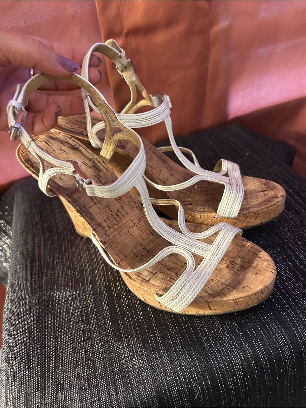 Michael Kors White Strappy Cork Wedge Sandals